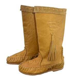 Vintage 70s Prima Moccasin Leather Boots Womens Size 5 Fringe‎ Tassels Stitching